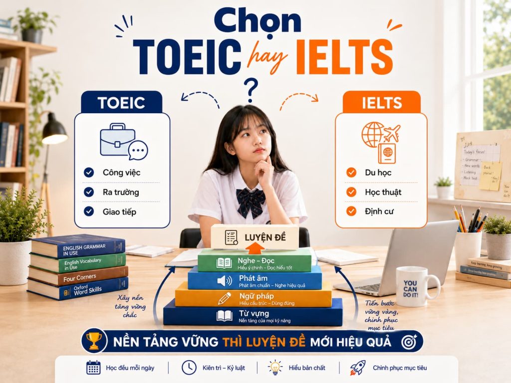 mất gốc tiếng Anh nên học TOEIC hay IELTS
