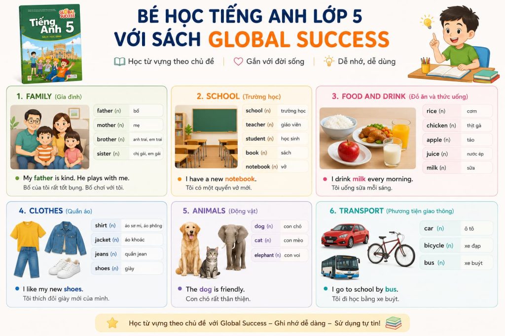 Từ vựng tiếng Anh lớp 5 trải rộng trên nhiều chủ đề gần gũi với đời sống của bé.