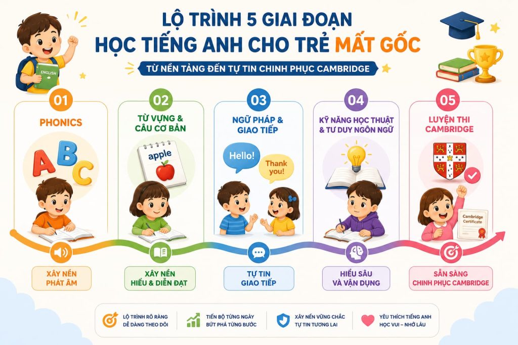 5 giai đoạn lộ trình học tiếng Anh cho trẻ mất gốc