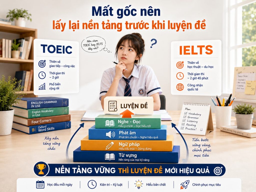 mất gốc tiếng Anh nên học TOEIC hay IELTS theo mục tiêu