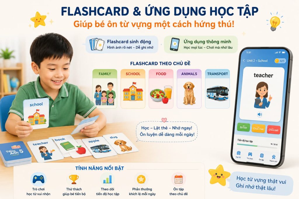 Bé học từ vựng qua flashcard và ứng dụng học tập giúp bé ôn từ vựng một cách hứng thú.