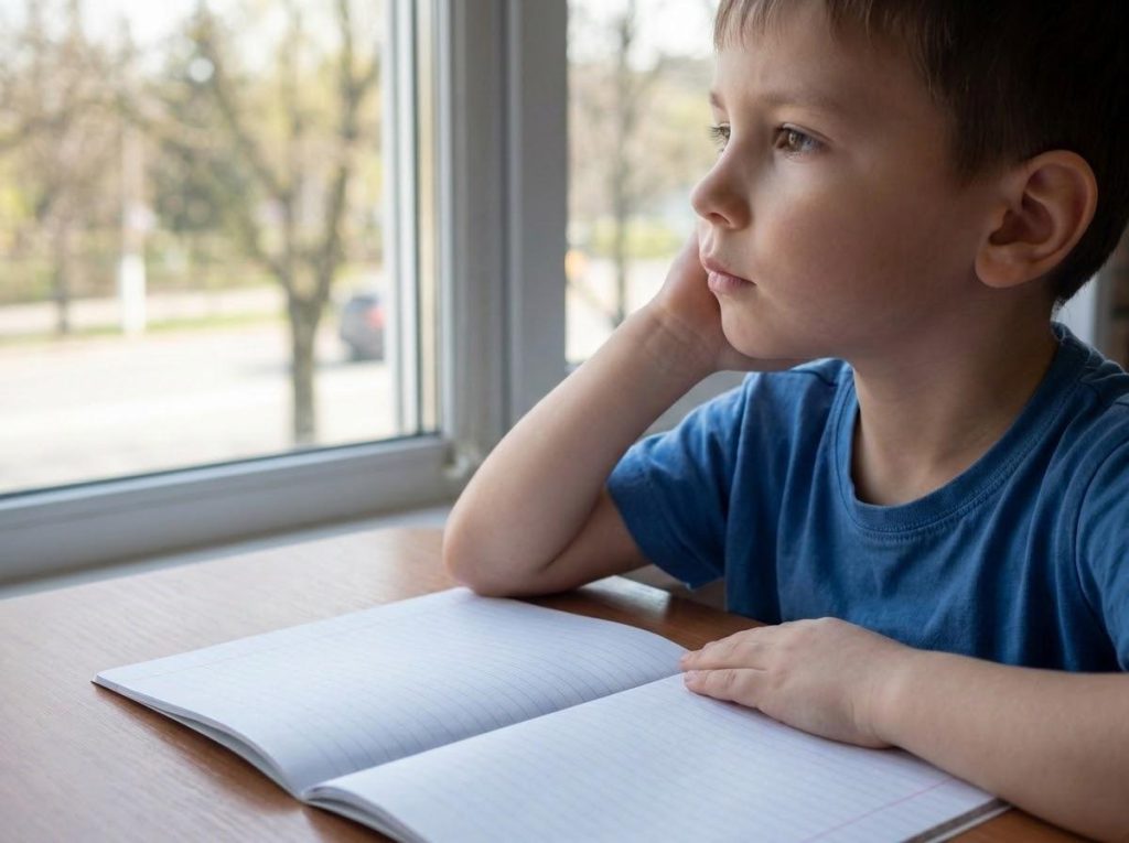 Bé trai chống cằm nhìn ra cửa sổ, vở bài tập mở sẵn trên bàn