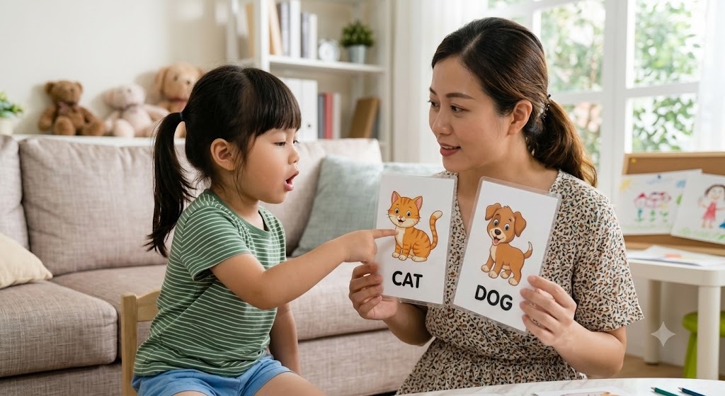 Bé sợ nói tiếng Anh trả lời mẹ khi được chọn giữa hai thẻ từ CAT và DOG