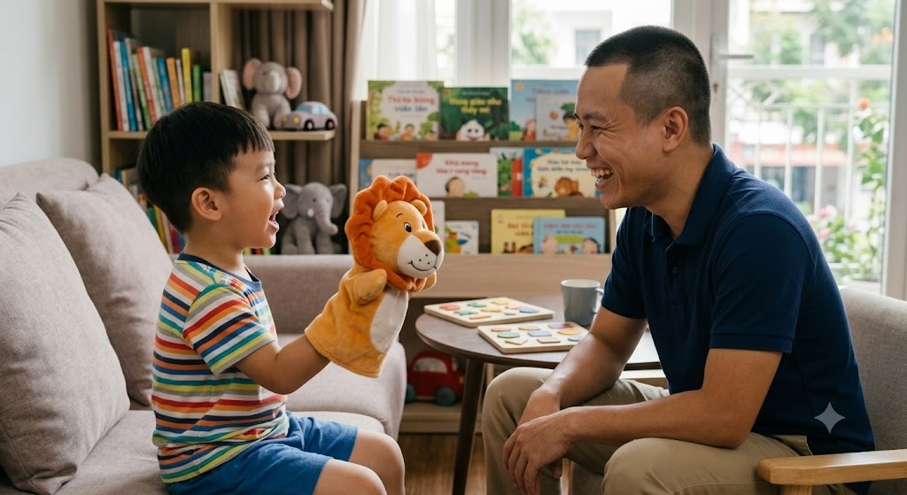 Bé chơi con rối sư tử cùng ba để tập nói tiếng Anh