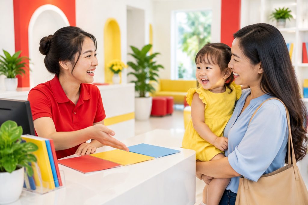 Phụ huynh trao đổi với nhân viên tư vấn tại quầy lễ tân trung tâm Anh ngữ