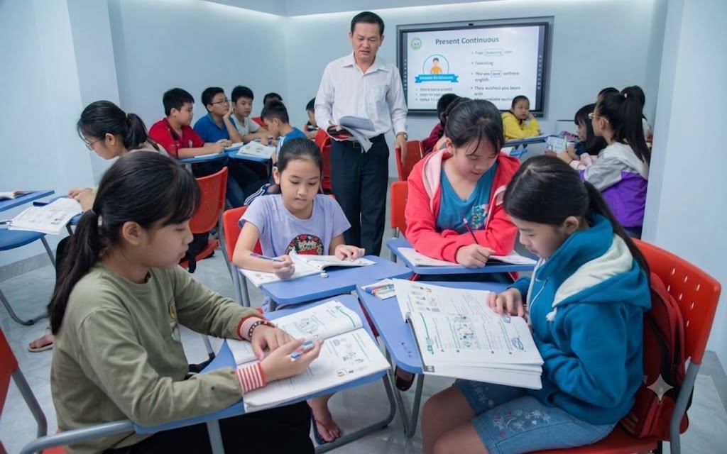 Giáo viên tiếng Anh người Việt hướng dẫn học sinh làm bài theo nhóm