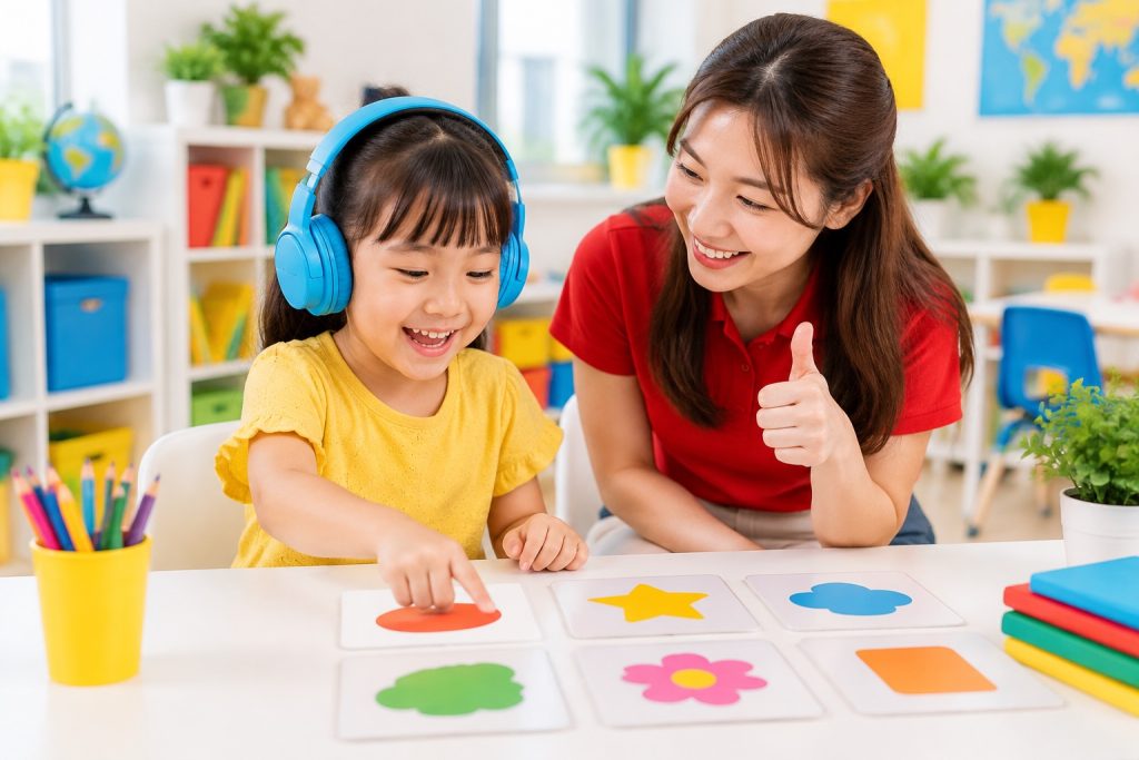 Bé đeo tai nghe luyện phần nghe của đề Starters