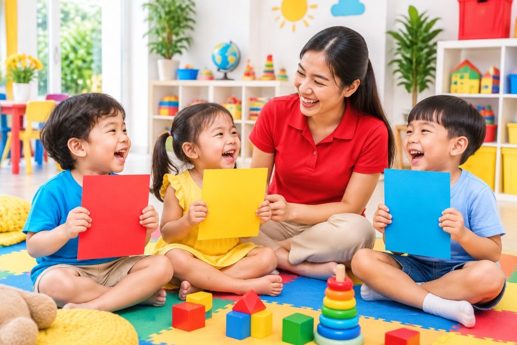Cô giáo và trẻ mầm non chơi với thẻ chữ cái trong giờ học phonics