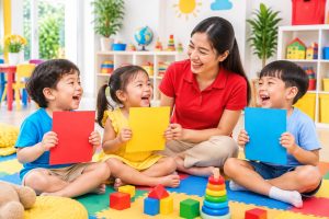 Cô giáo và trẻ mầm non chơi với thẻ chữ cái trong giờ học phonics