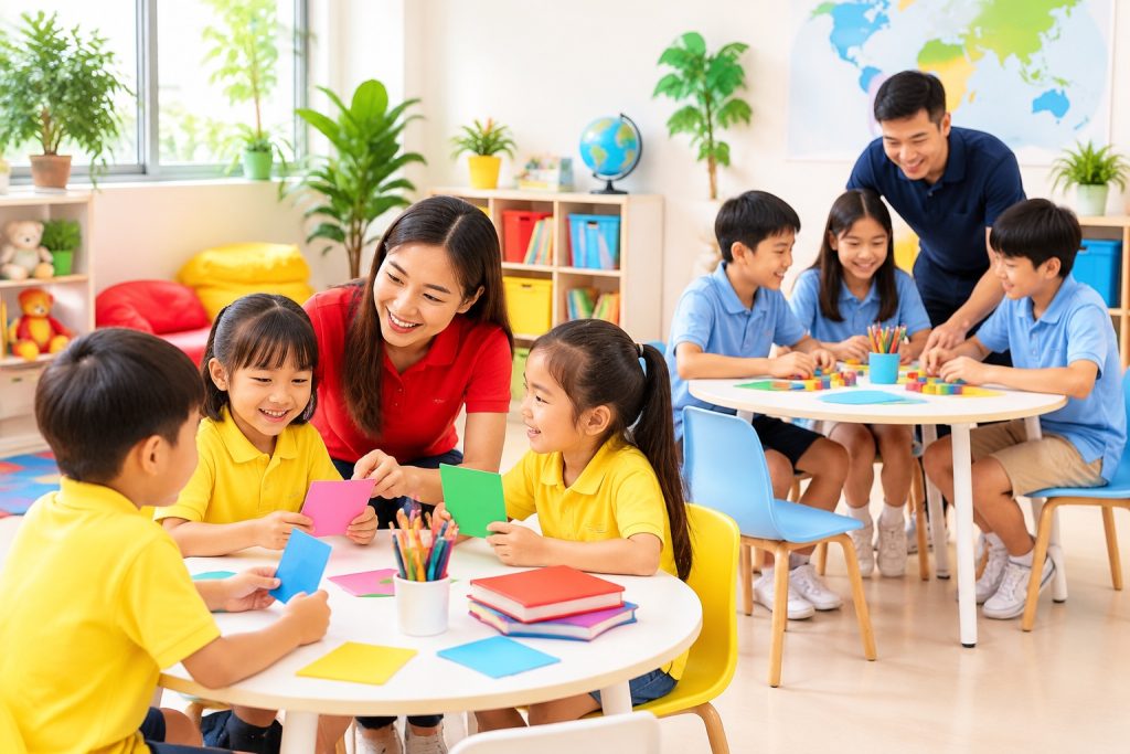 Hai nhóm trẻ ở hai độ tuổi học trong cùng lớp học tiếng Anh