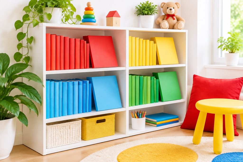 Kệ sách thiếu nhi xếp theo cấp độ đọc trong góc đọc