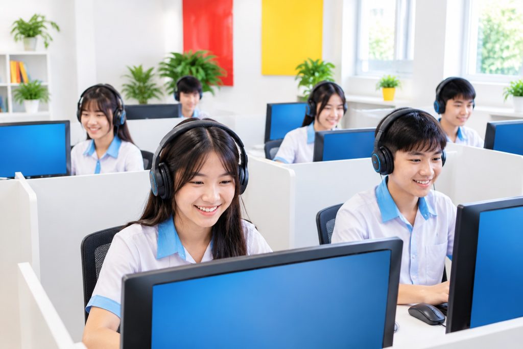 KET và PET là gì - học sinh cấp 2 làm bài thi chứng chỉ Cambridge trên máy tính