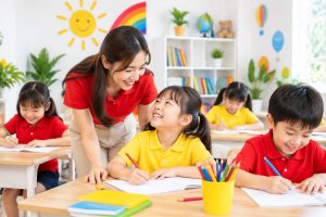 Trẻ tiểu học làm bài thi Cambridge Starters trong lớp
