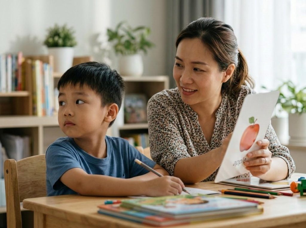 Trẻ mất tập trung khi học tiếng Anh, bé nhìn đi chỗ khác trong lúc mẹ giơ thẻ từ
