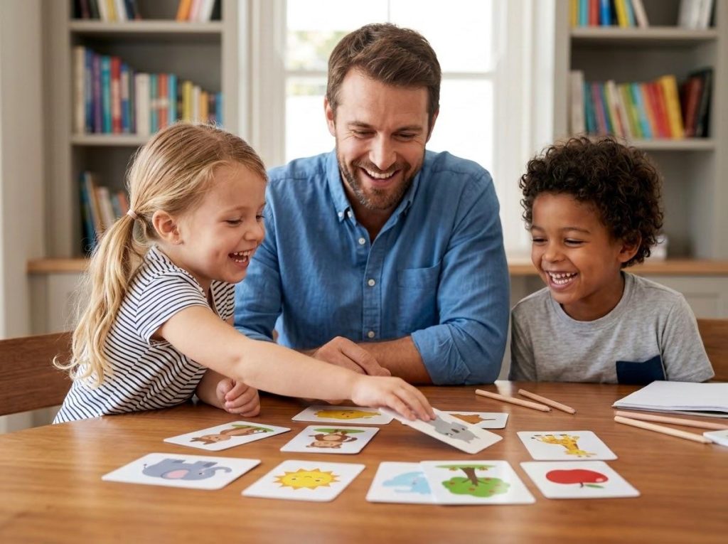Ba và hai con chơi trò đập flashcard tiếng Anh trên bàn